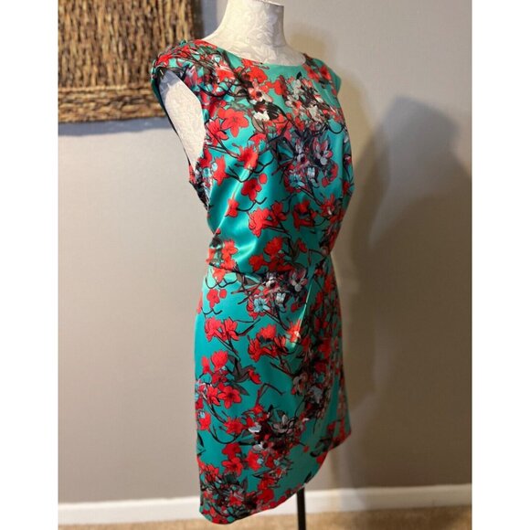 Jessica Simpson Dress 14 Green Red Cherry Blossom Silky Stretch Career Church - Picture 4 of 9